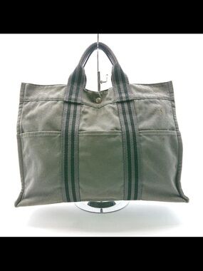 Hermes Olive Green Canvas Tote with Dark Green Striped Handles